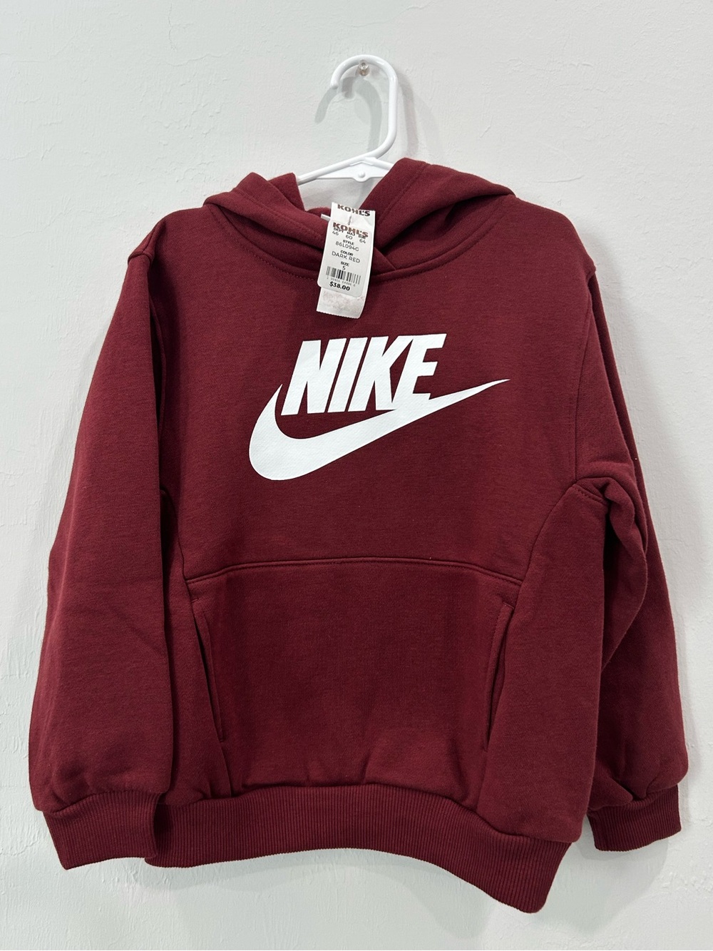 Nike Kids Burgundy Pullover Hoodie White Swoosh Size 5 NWT